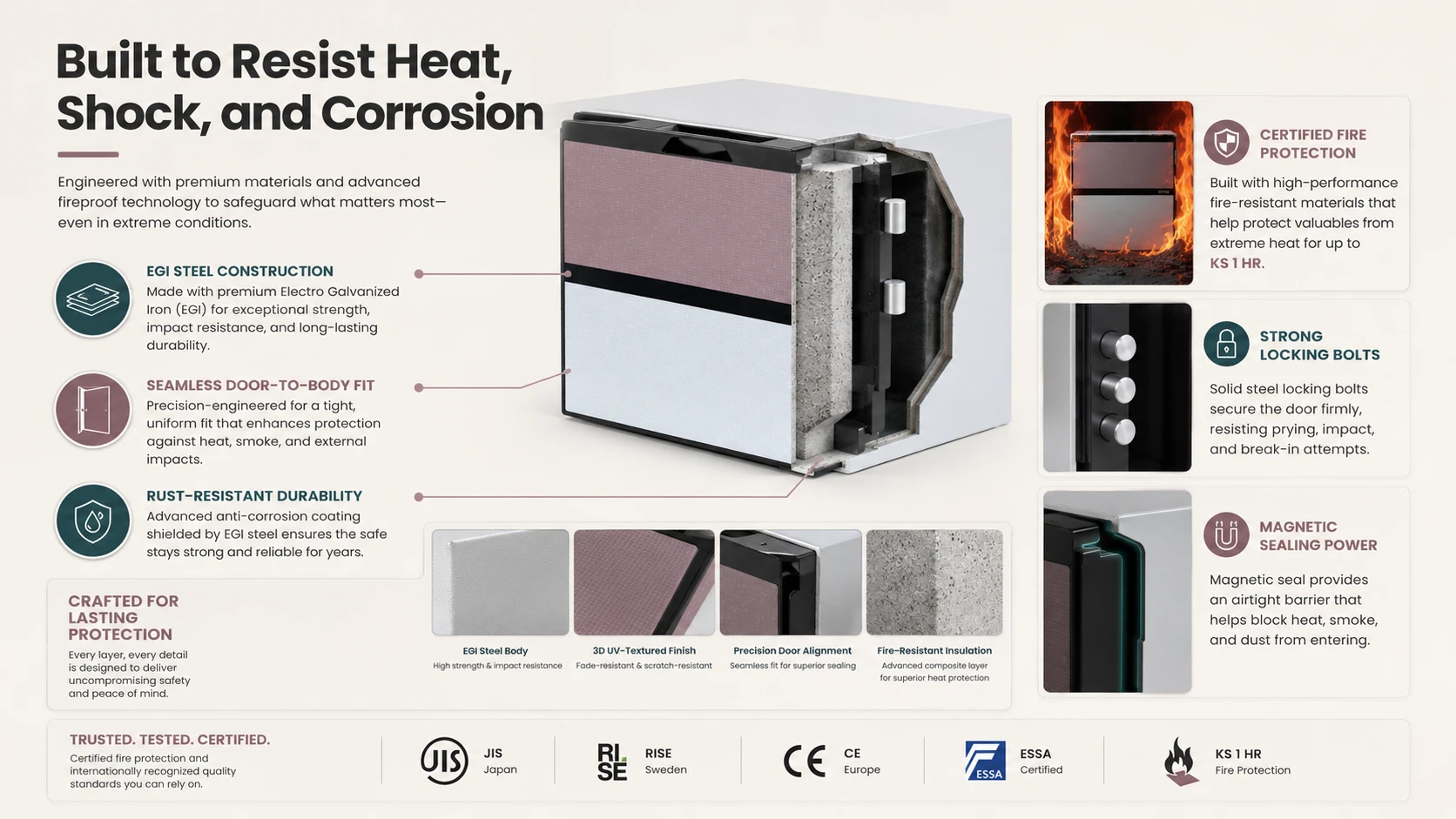Ornis safe cutaway showing heat, shock, and corrosion resistance with EGI steel construction, seamless door fit, rust-resistant durability, locking bolts, magnetic sealing, and certification badges.